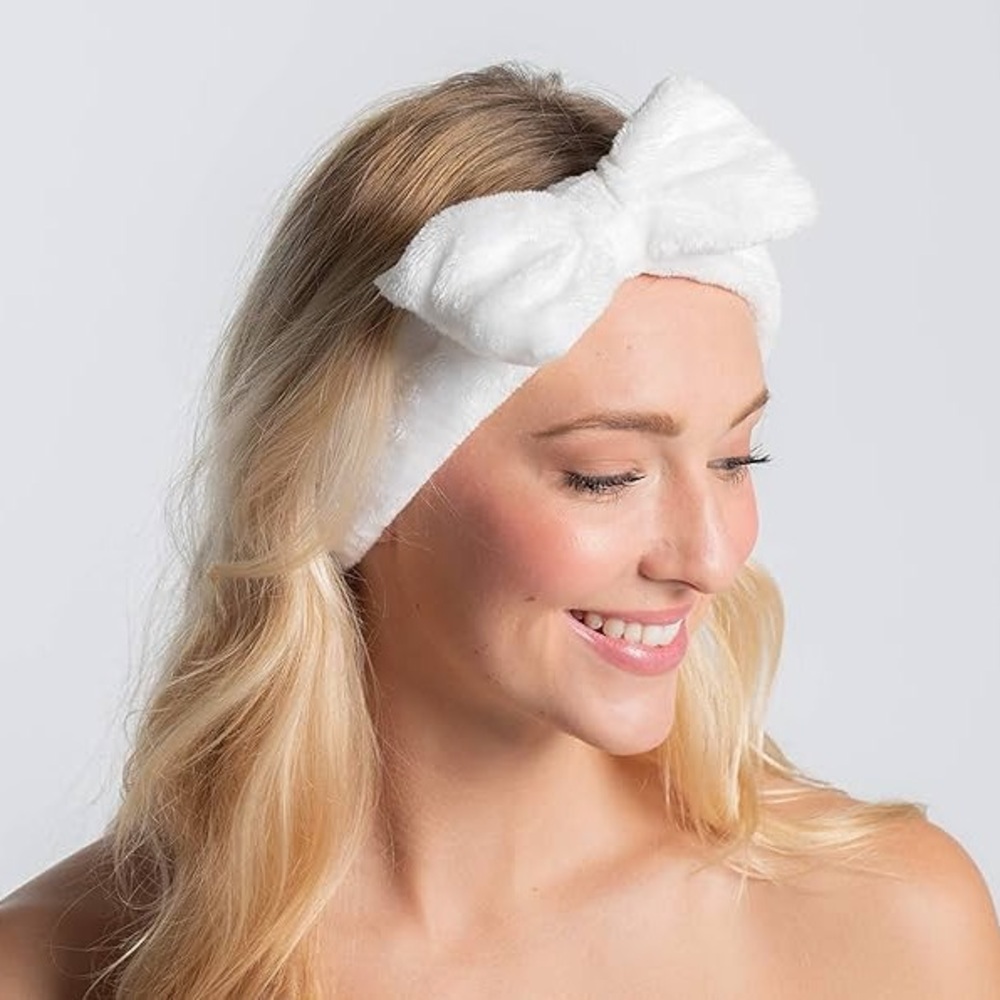 White Microfiber Plush Bow Headband Makeup Headband - Picture 2 of 3